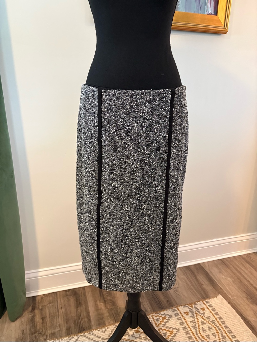 New York & Company Black and White Tweed Pencil Skirt with Vertical Trim
